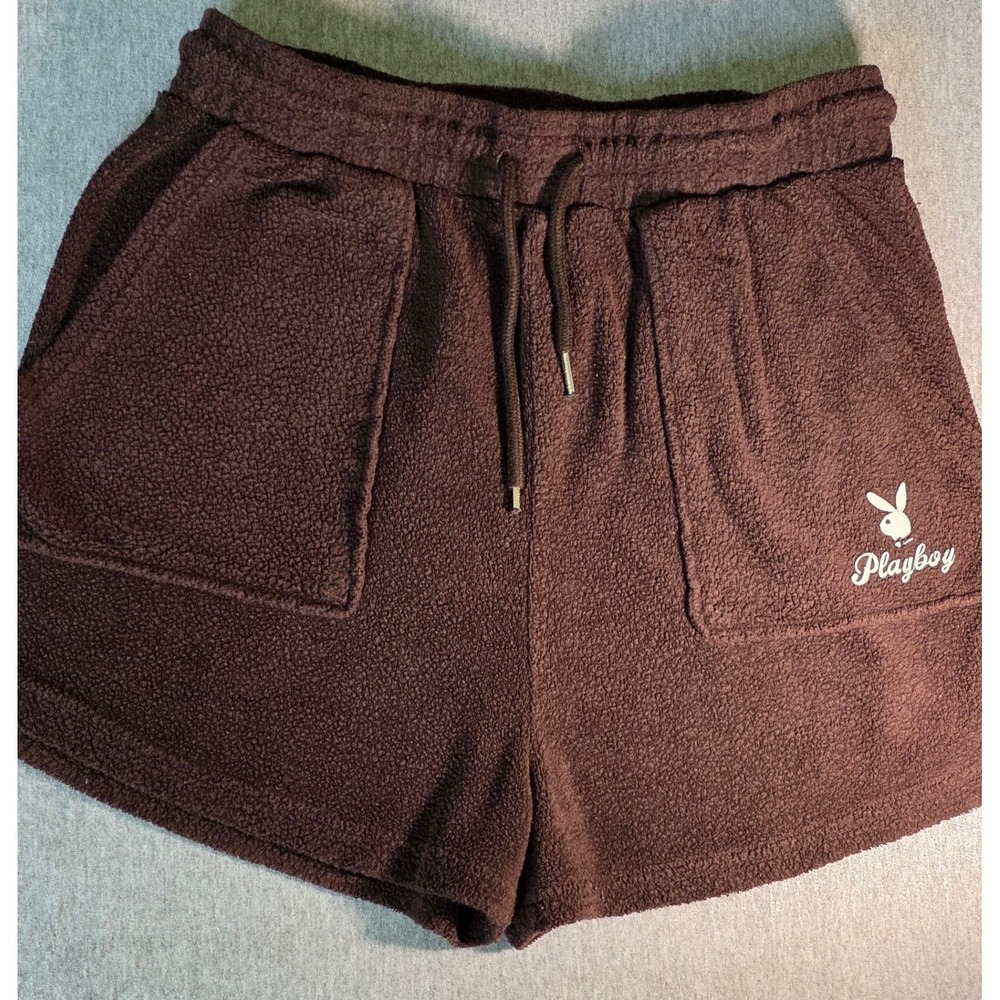 Playboy Brown Sherpa Fleece Lounge Shorts Embroidered Bunny Logo Pocket Medium
